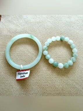 Tianshan Jade Bangle & Bead Bracelet Set